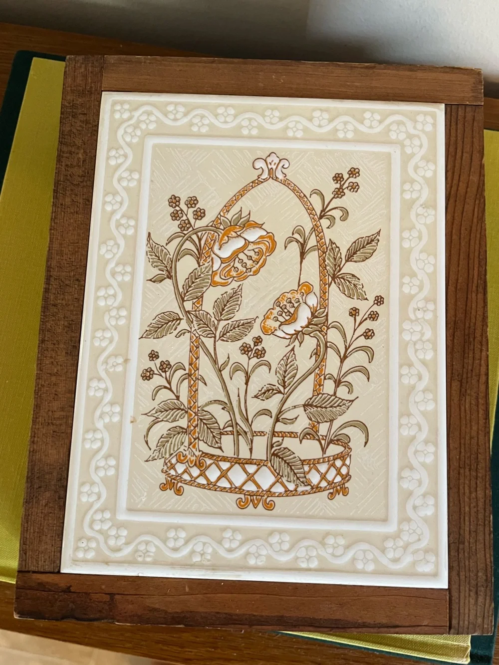 Wood Framed Floral Wall Tile - Cream and Brown Set of 2